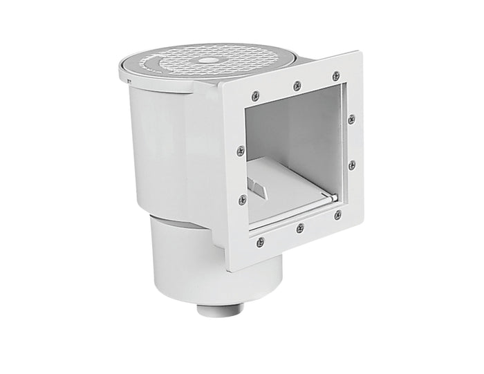 ABS Skimmer Standard Complete for above ground pools, featuring durable white construction for effective debris removal.