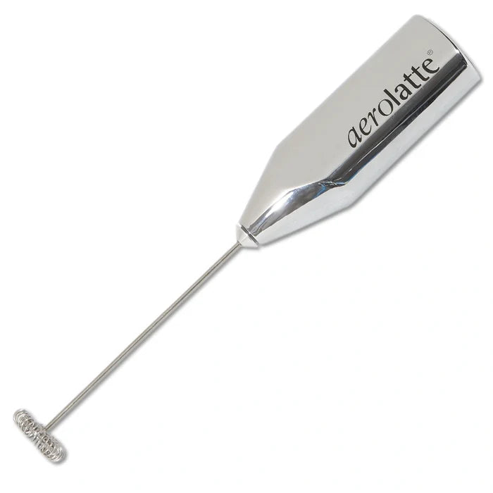 A battery-powered Aerolatte milk frother with a stainless steel shaft and whisk, featuring the brand name 'Aerolatte' on the body.