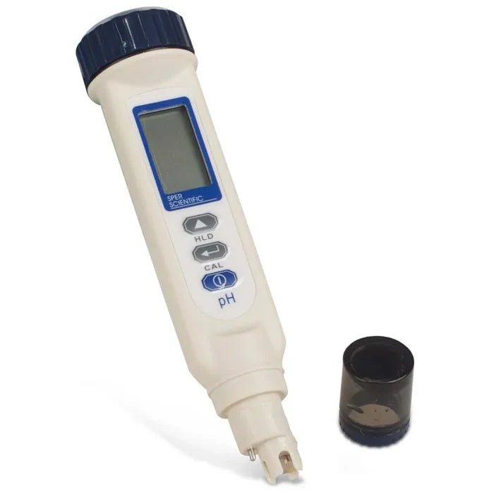 ATC pH Pen with a large LCD display, white body, and a blue menu screen, accompanied by a black protective cap for the built-in electrode.