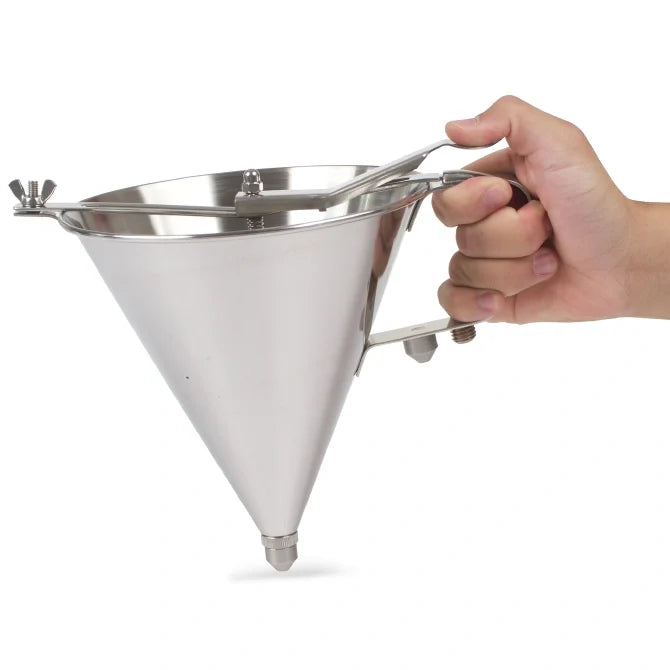 A stainless steel automatic funnel, also known as a sauce gun, being held by a person. It has a tapered shape with a spout and a trigger mechanism, with no stand on a white background.