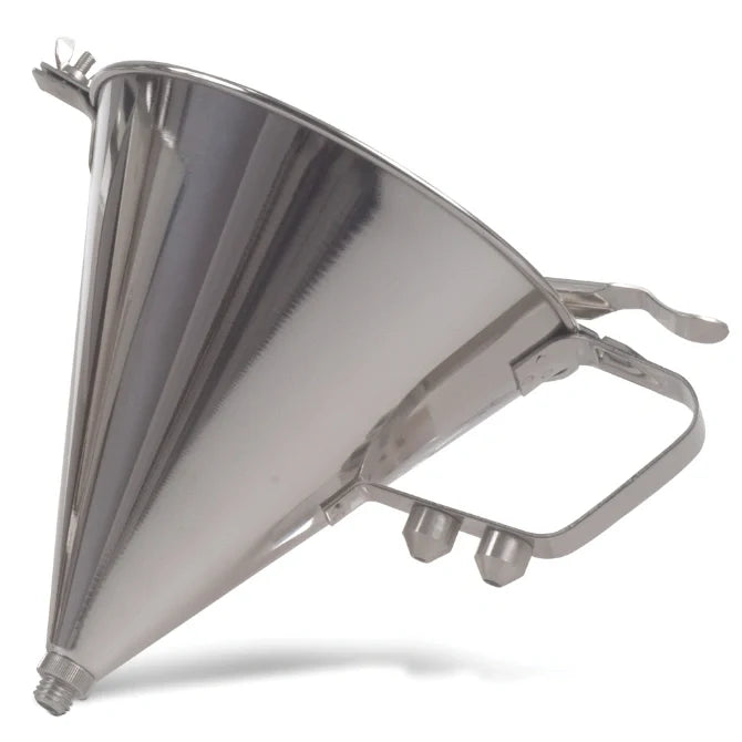 A stainless steel automatic funnel, also known as a sauce gun. It has a tapered shape with a spout and a trigger mechanism. Pictured on a white background.
