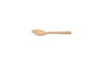 A single beige bamboo dessert spoon against a white background.