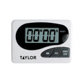 A digital kitchen timer with a black and white display showing minutes and seconds, branded Taylor.