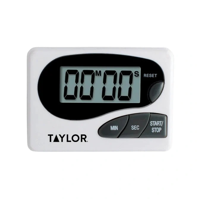 A digital kitchen timer with a black and white display showing minutes and seconds, branded Taylor.