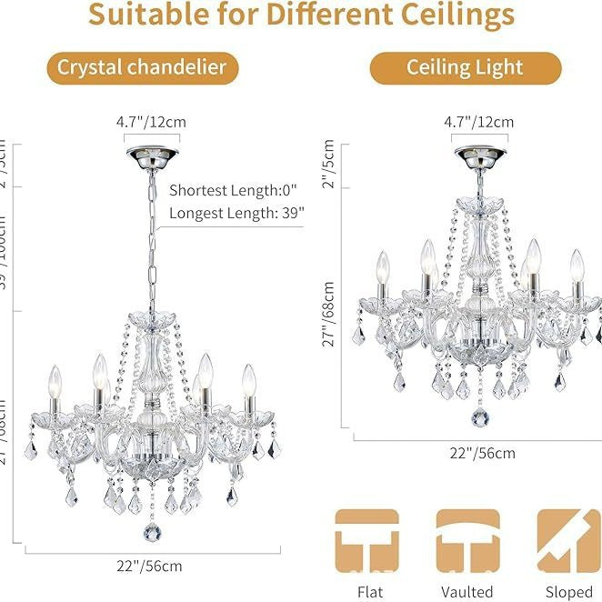 Clear Chandelier Living Room Crystal Ceiling Lamp LED 6 lights