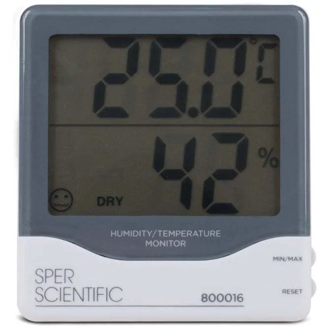 A digital humidity and temperature monitor with a gray body and black digital display showing temperature and humidity levels.