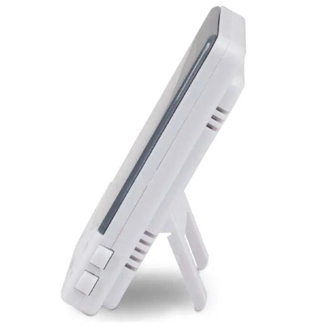 A digital humidity and temperature monitor with a gray body and black digital display showing temperature and humidity levels.