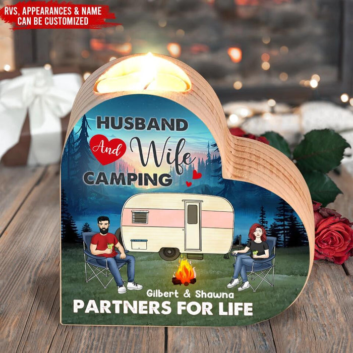 Husband And Wife Camping Partners For Life - Personalized Heart Shaped Candle Holder, Gift For Camping Lover