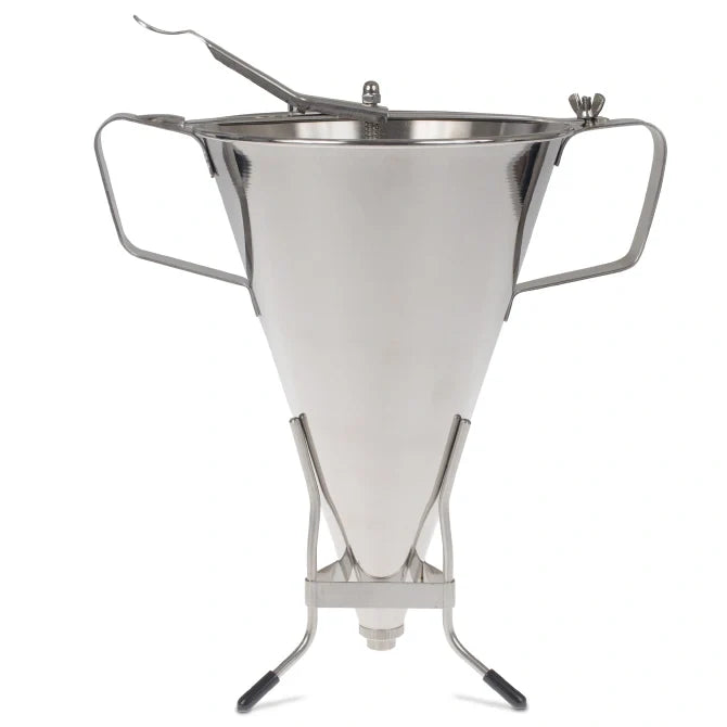 Stainless steel automatic funnel (sauce gun) with two handles and a lever for dispensing, on a white background.