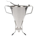 Stainless steel automatic funnel (sauce gun) with two handles and a lever for dispensing, on a white background.