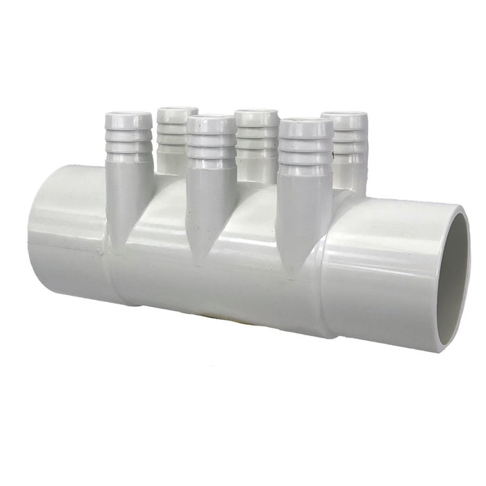LX Manifold 2" S x  2" SP 3/4" RB Ports with six 3/4" barbed connections for hot tub plumbing.