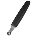 A stainless steel melon baller with a black plastic handle and a 3/8 inch diameter scoop.
