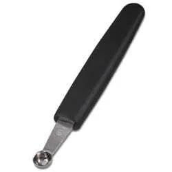 A stainless steel melon baller with a black plastic handle and a 3/8 inch diameter scoop.