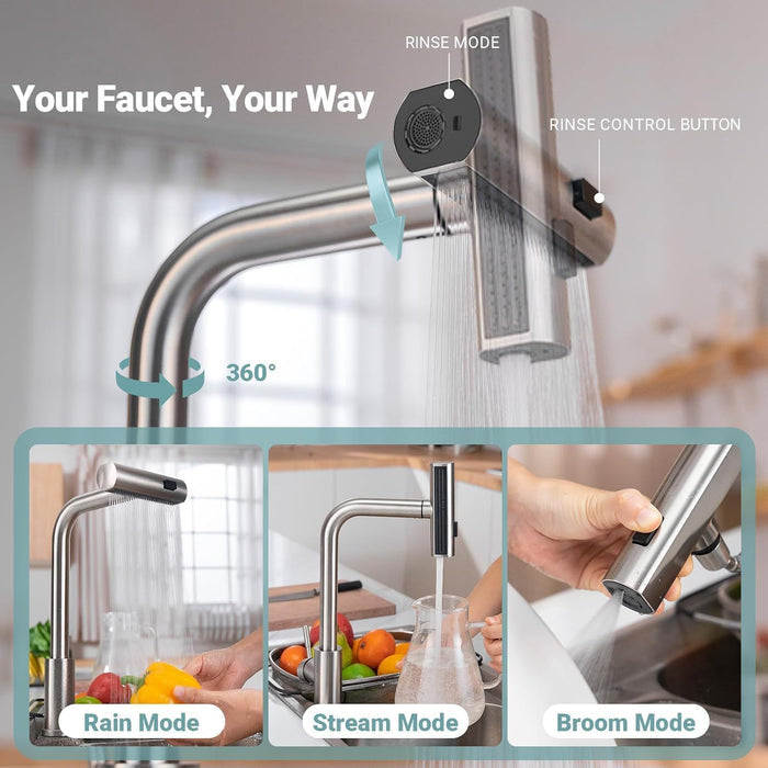 Nickel 304 Stainless Steel Pull-out Kitchen Faucet Waterfall Hot And Cold Mixed