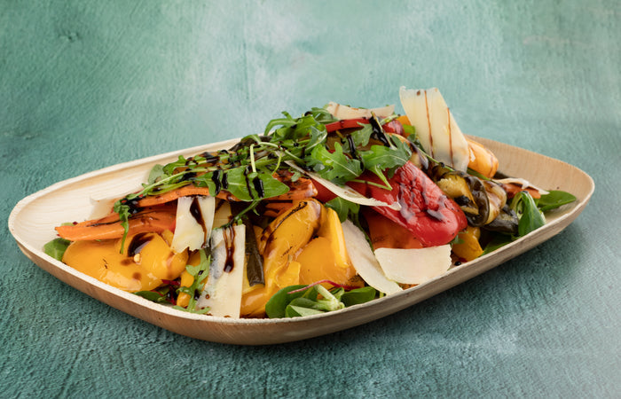 RB514_S_Palm Catering Tray filled with fruit and vegetables on green background.