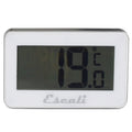 A digital refrigerator/freezer thermometer with a white casing and a digital screen displaying the temperature in both Fahrenheit and Celsius scales. The brand 'Escali' is visible on the device.