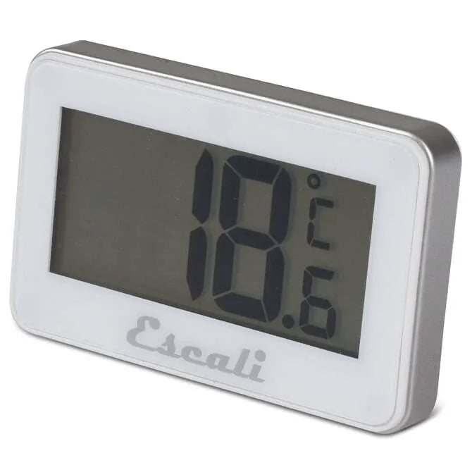 A digital refrigerator/freezer thermometer with a white casing and a digital screen displaying the temperature in both Fahrenheit and Celsius scales. The brand 'Escali' is visible on the device.