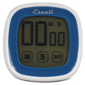A digital kitchen timer with a blue and white casing, featuring a large touch screen display with buttons below the screen.