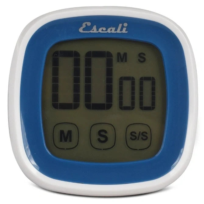 A digital kitchen timer with a blue and white casing, featuring a large touch screen display with buttons below the screen.