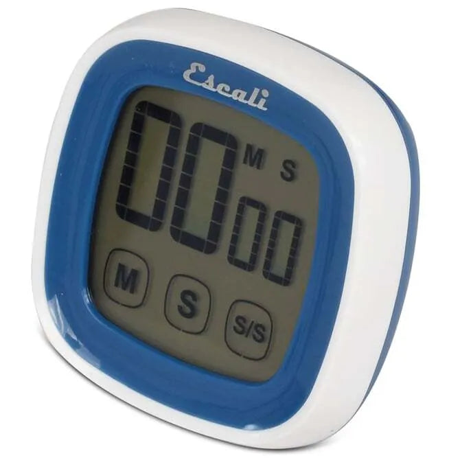 A digital kitchen timer with a blue and white casing, featuring a large touch screen display with buttons below the screen.