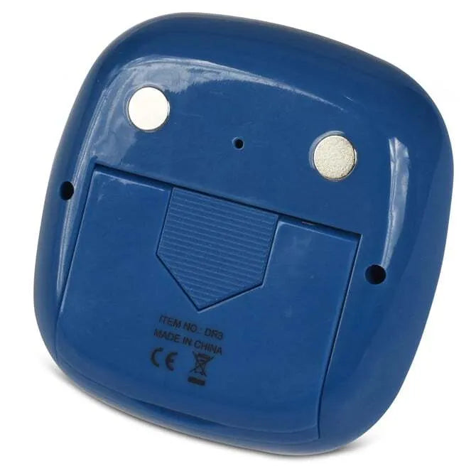 A digital kitchen timer with a blue and white casing, featuring a large touch screen display with buttons below the screen.
