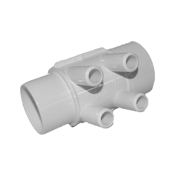 Waterway Manifold 2"S x 2"SP (4) 3/4" SB Ports, white plastic pipe fitting with four ports.