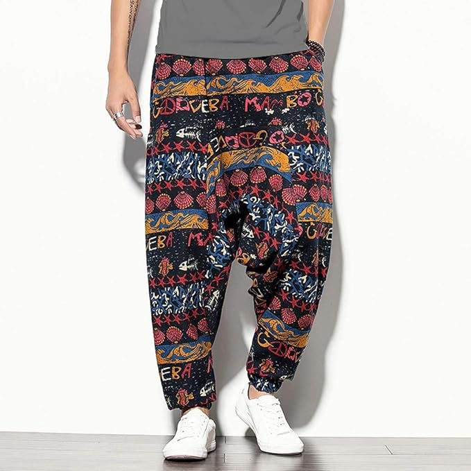 Whitewhale Mens Cotton Printed Harem Pants Pockets Yoga Trousers Hippie