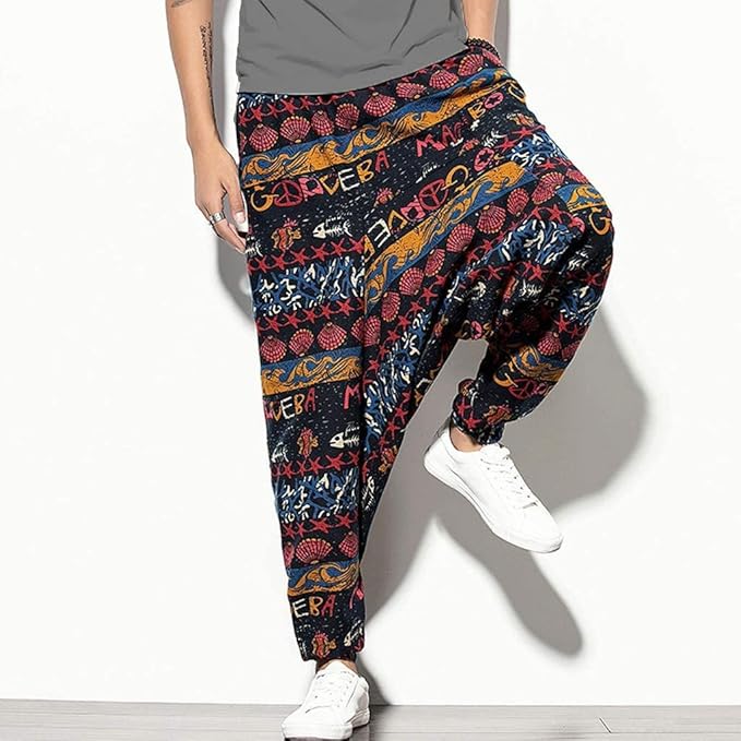 Whitewhale Mens Cotton Printed Harem Pants Pockets Yoga Trousers Hippie