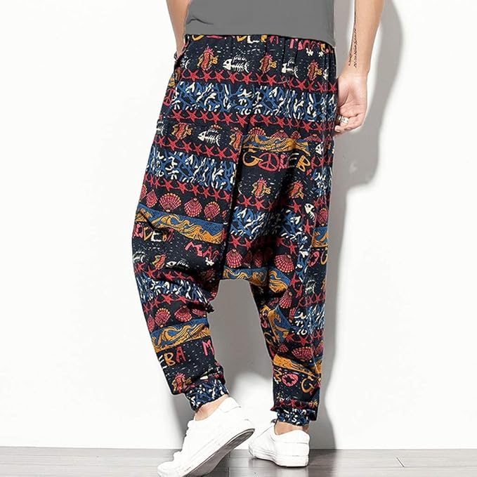 Whitewhale Mens Cotton Printed Harem Pants Pockets Yoga Trousers Hippie